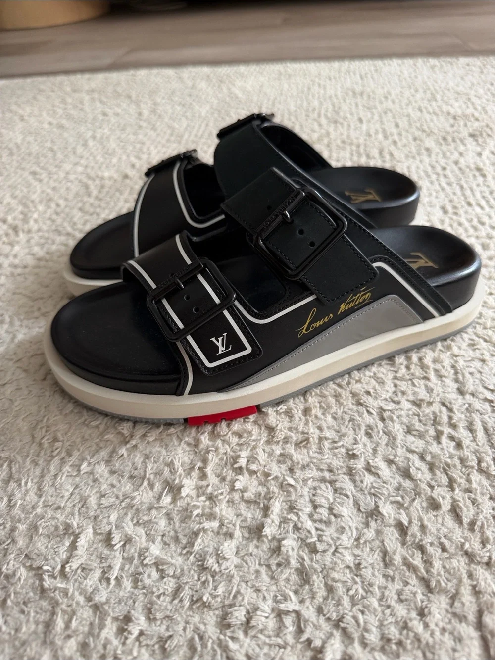Louis Vuitton Black & White Buckle Slide Sandals